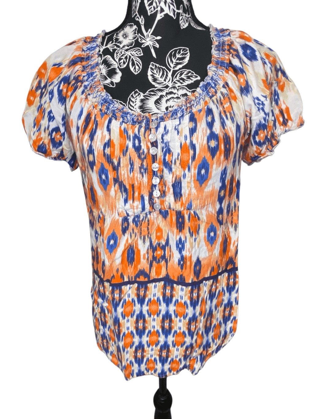 Faded Glory Boho Peasant Top Ikat Print Puff Sleeve Festival Cottagecore Blouse