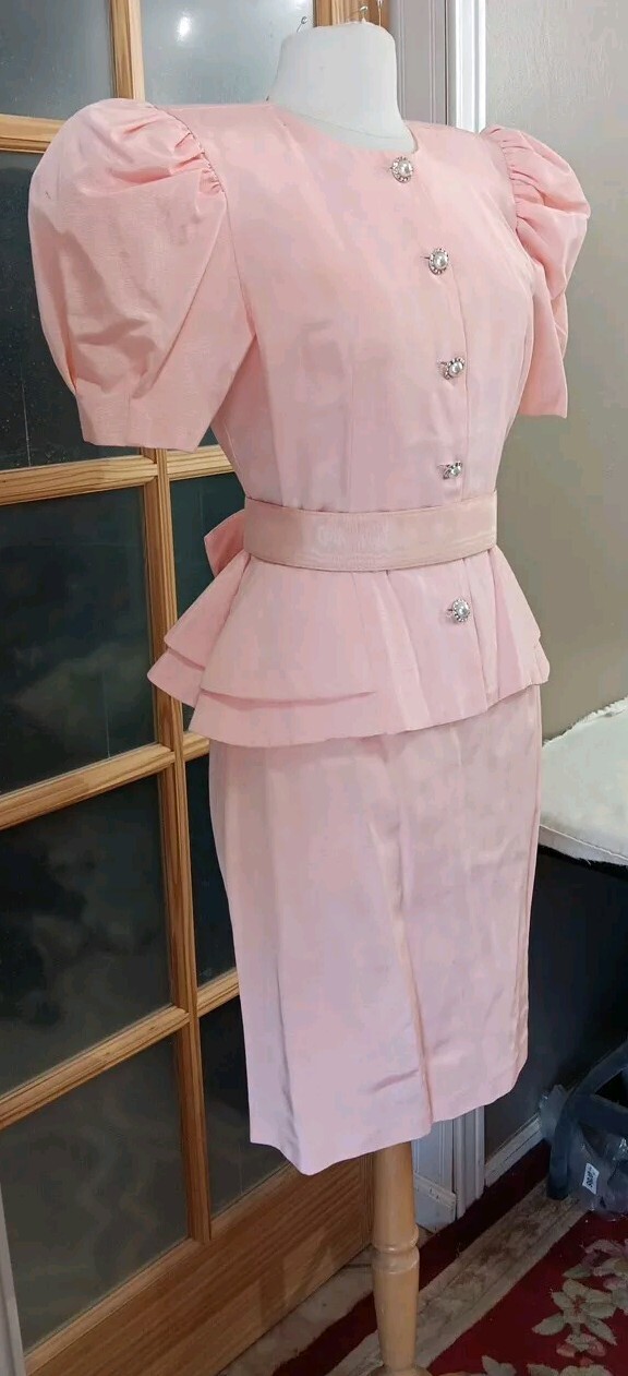 Vintage 80s Skirt Set Pretty In Pink Peplum Belt Bow Puff Sleeve Pantagis Sz 12P