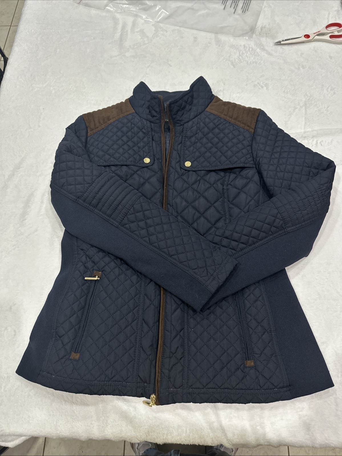 WP Weatherproof Ladies Jacket Size L Blue With Brown Trim