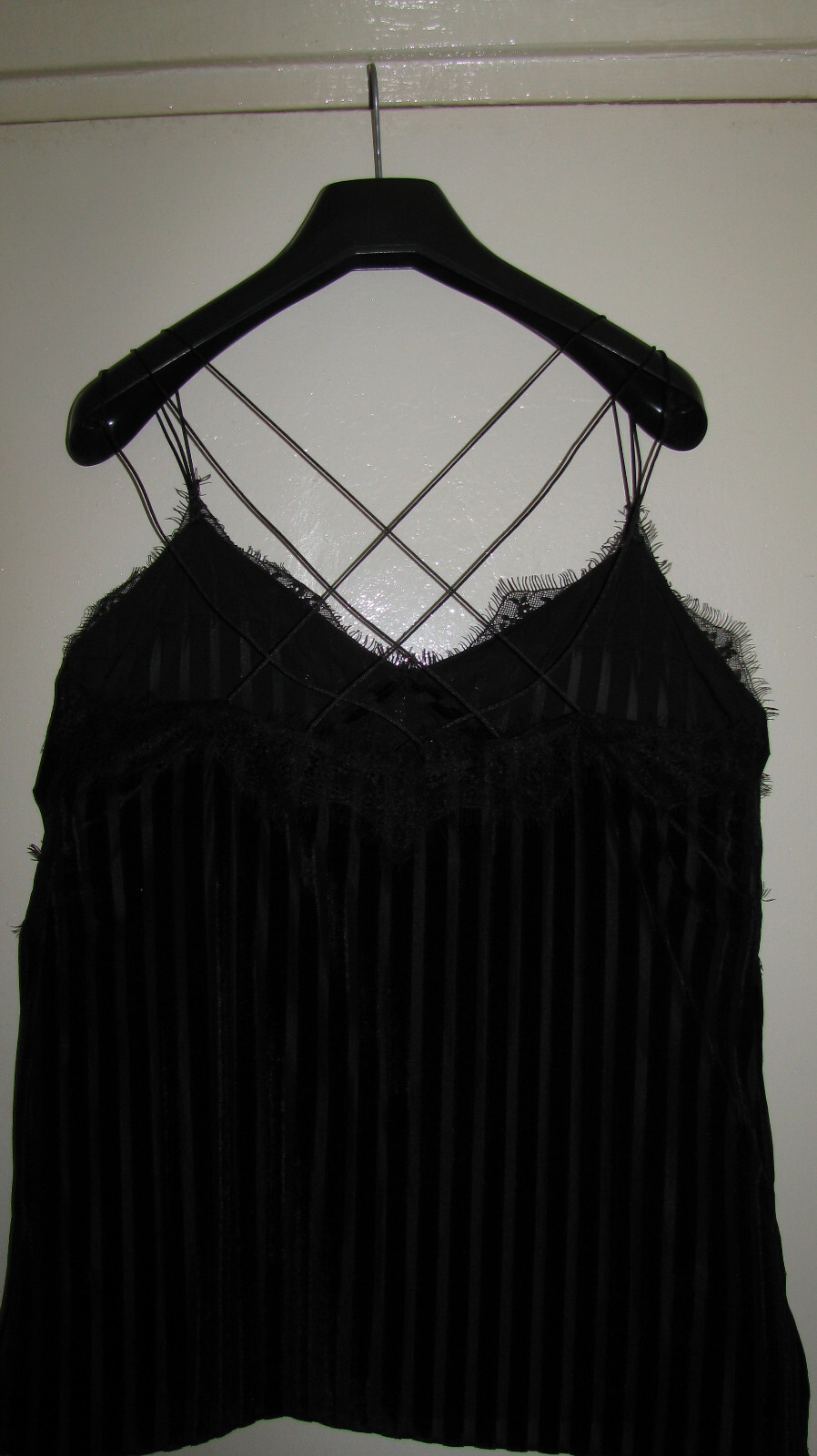 ZARA Black Cupro SEXY! Spaghetti Strap Tank Top w/ Lace Trim Sz L