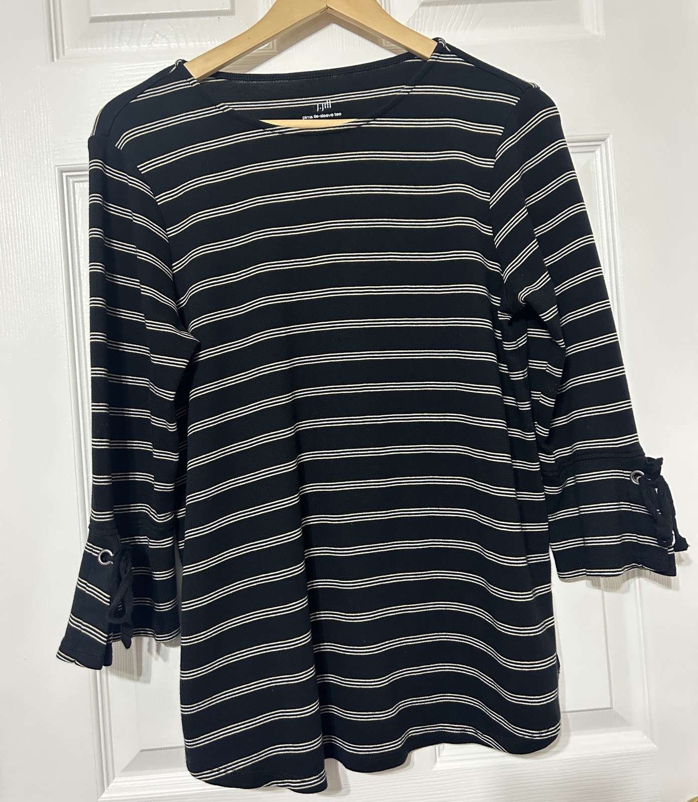 J.Jill Pima Tie -Sleeve Tee Top Black Stripe 3/4 Sleeves Pima Cotton Size M