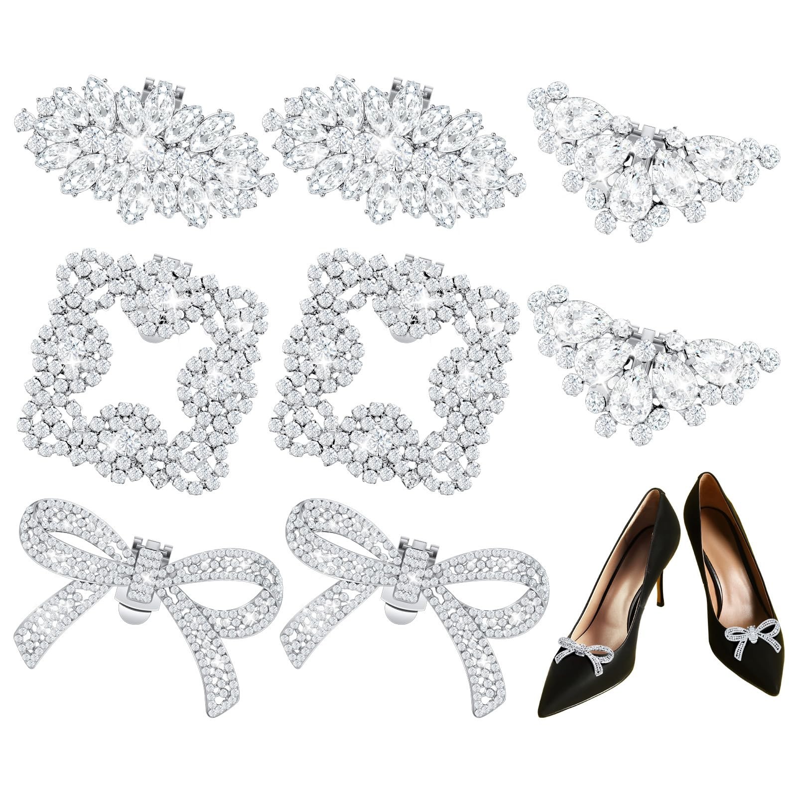 4 Pairs Rhinestone Pearl Bow Square Wing Shoe Clips for Women Charms