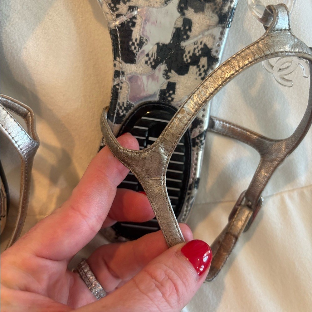 CHANEL Silver T-Strap Sandals with Clear Lucite Chain , Size 35