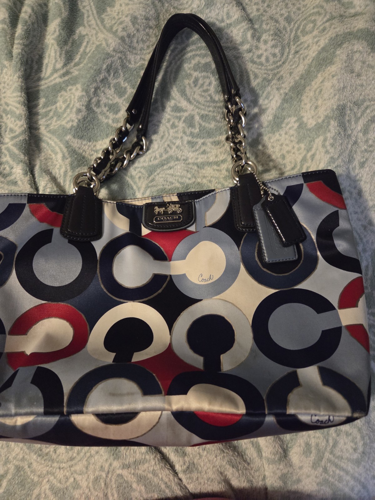 Coach Op Art Large Logo Tote Blue Red White Gray Zip Closure Chain Strap