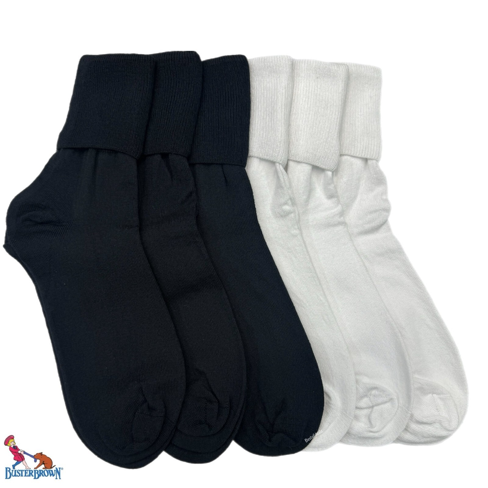 Buster Brown Women’s 100% Cotton Fold Over Crew Socks – 6 Pair Pack – White/Blk