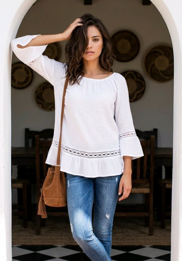BYdesign Blouse Top 3/4 Sleeve Ruffle Eyelet Crinkled Beachy Boho Peasant size S