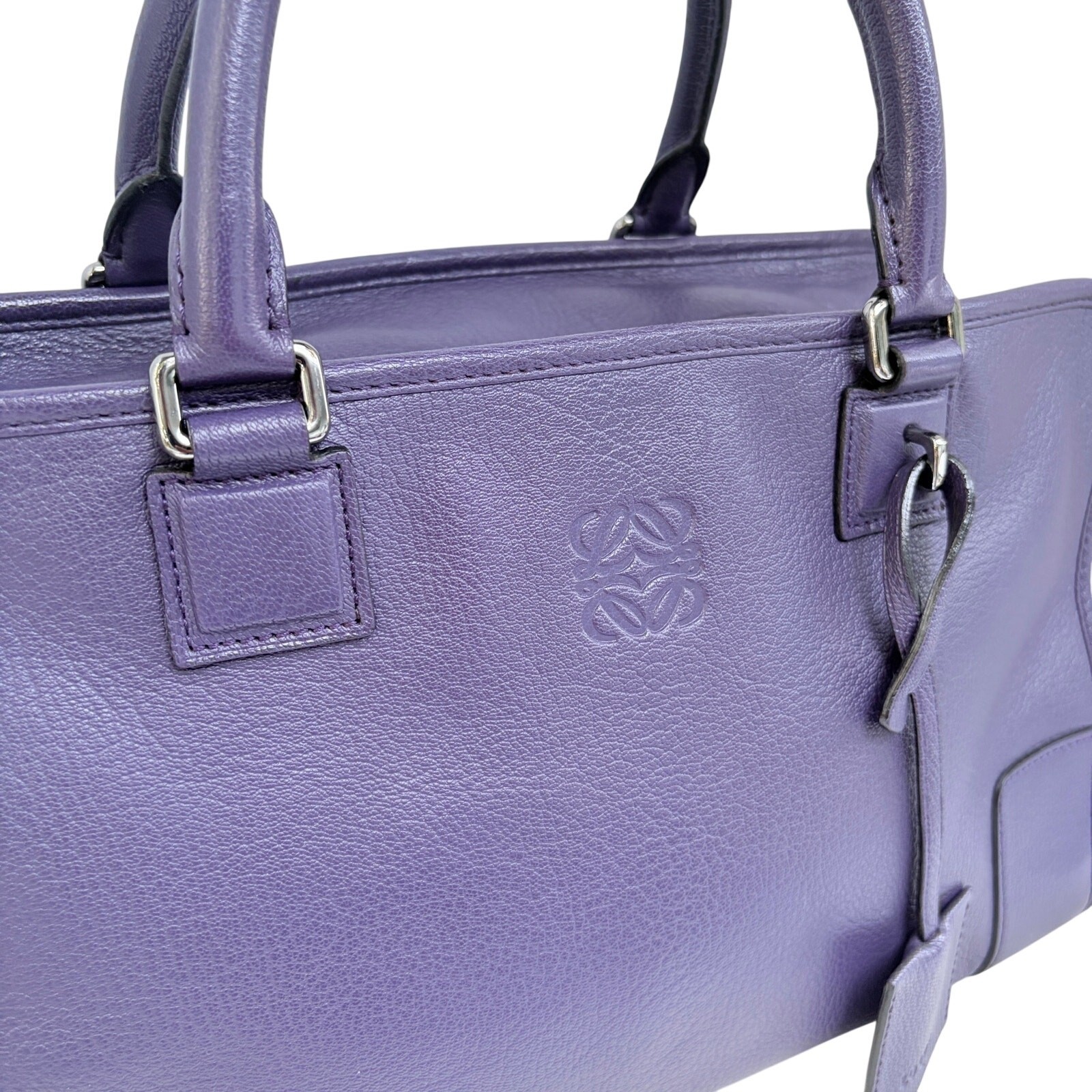 Loewe Amazona 36 Purple Leather Top Handle Bag Silver Hardware COA Dustbag Keys