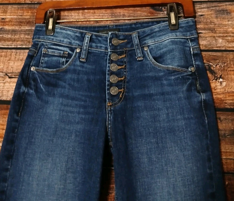 Silver Jeans 27 Suki Slim Boot Cut Button Fly Dark Wash Blue Denim Stretch
