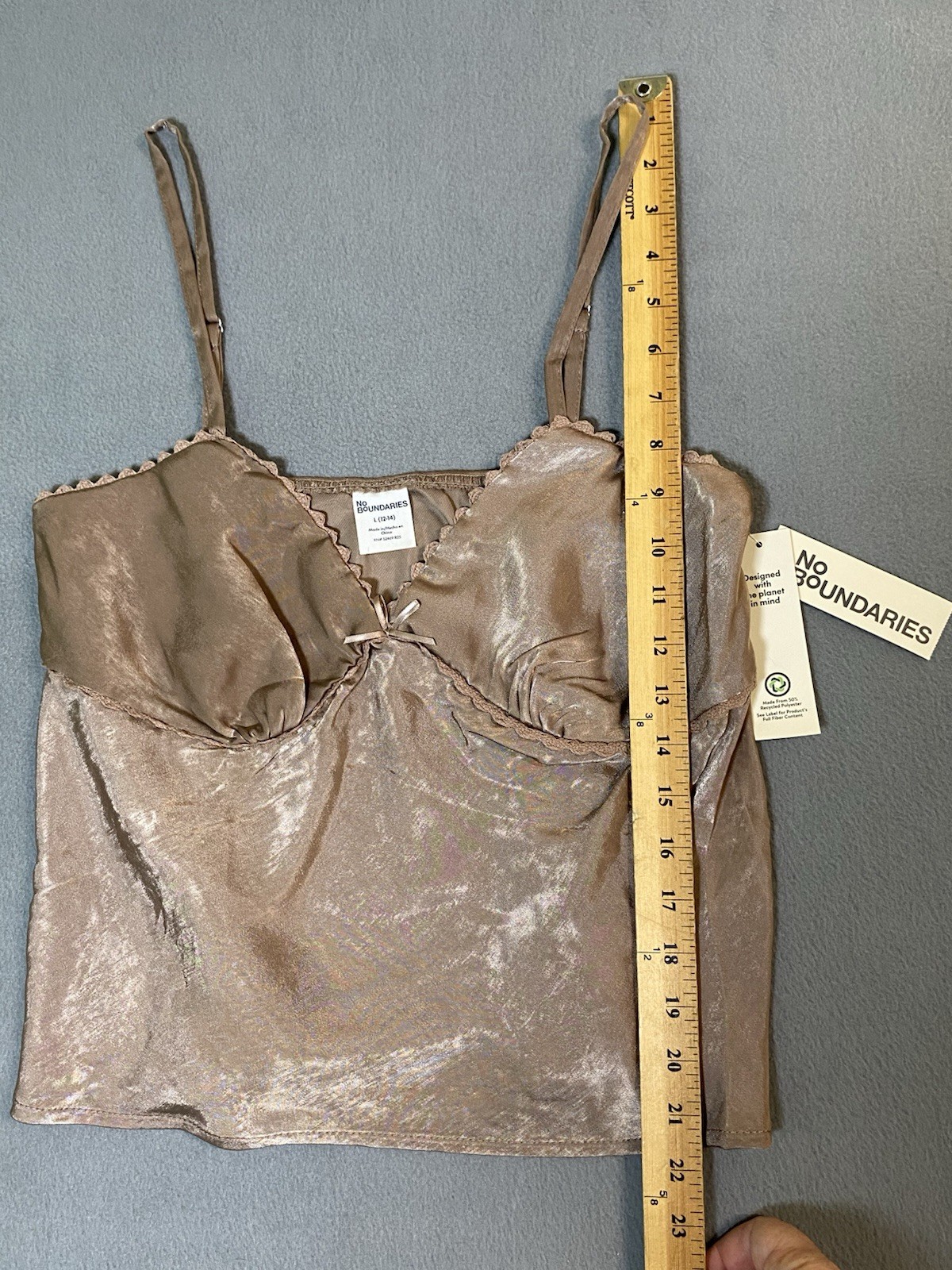 New! Satin Woven Cami In Mocha Brown Lace & Bow Detail Coquette Y2K Size L