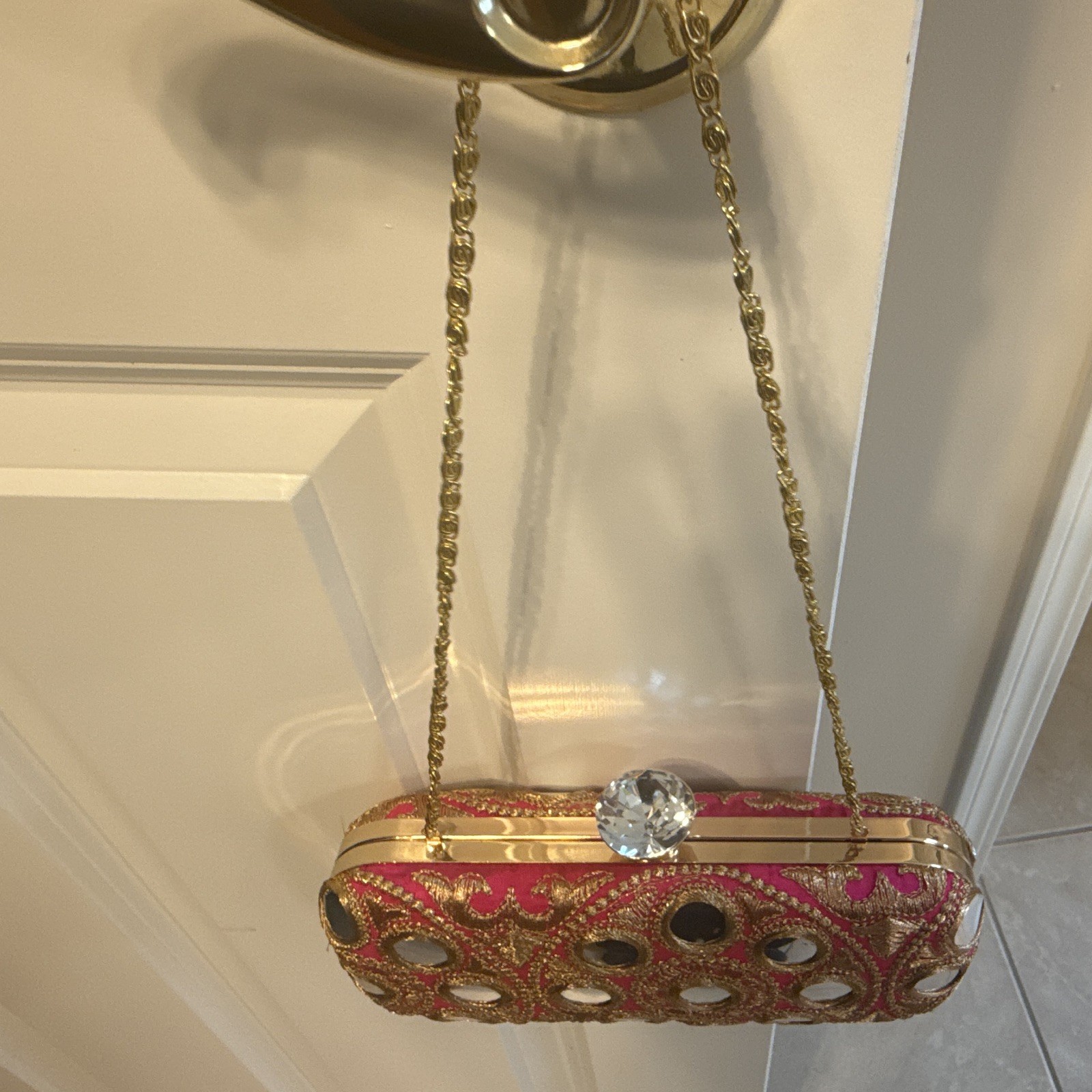 Women’s Pink & Gold Embroidered Mirror Clutch, Gold Chain Strap, Clasp