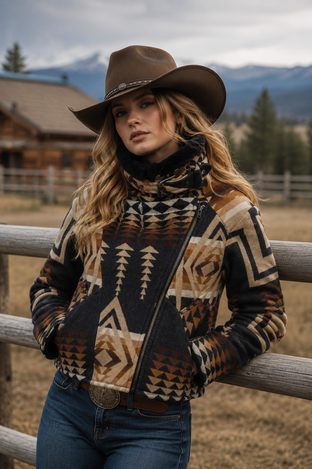 Women’s Western Aztec Print Wool Aviator Jacket: Beth Dutton Kelly Style Bomber