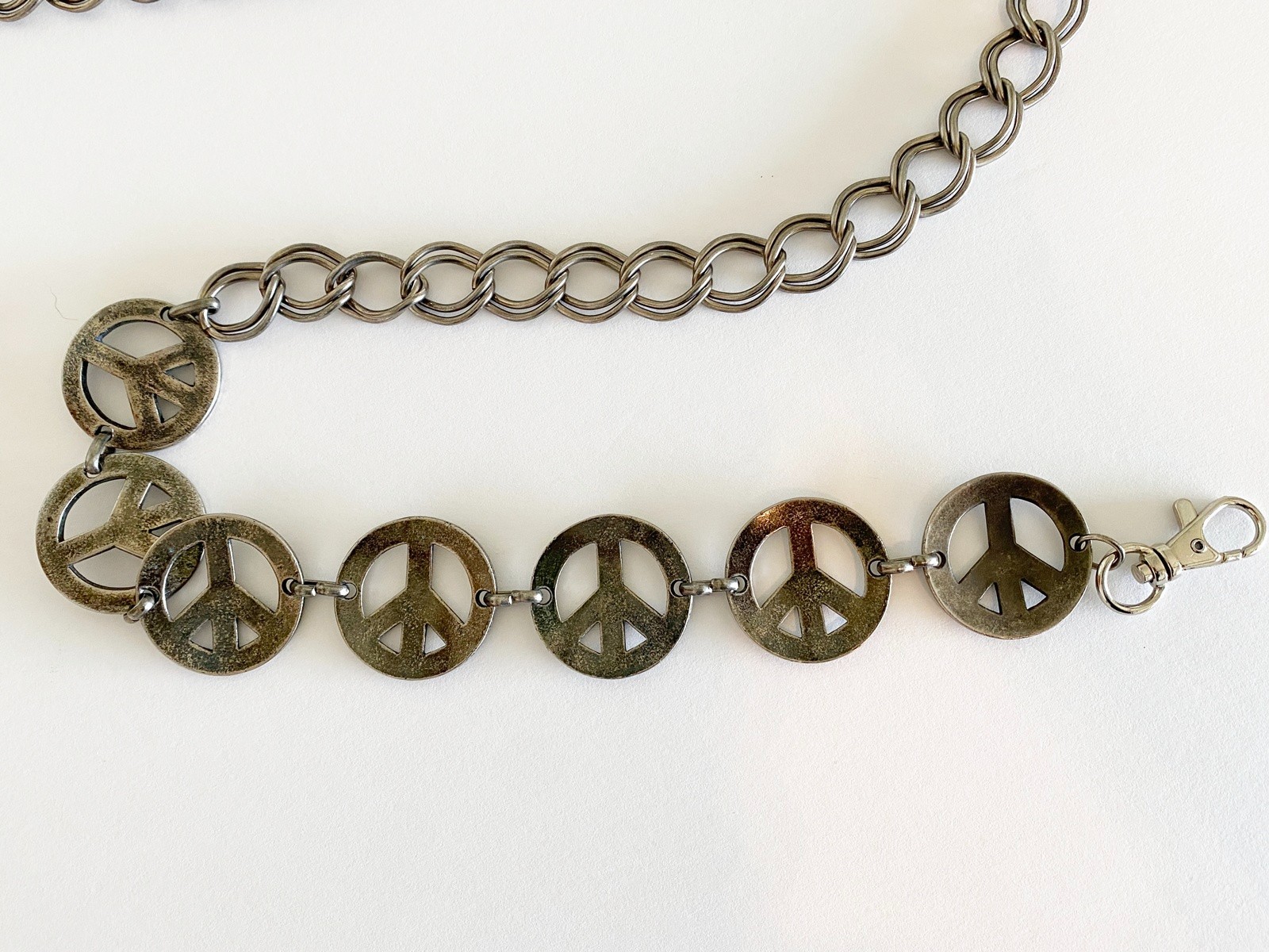 Vintage Peace Sign Belt 43 in Chain Silvertone Metal Unisex Hippie Boho Groovy