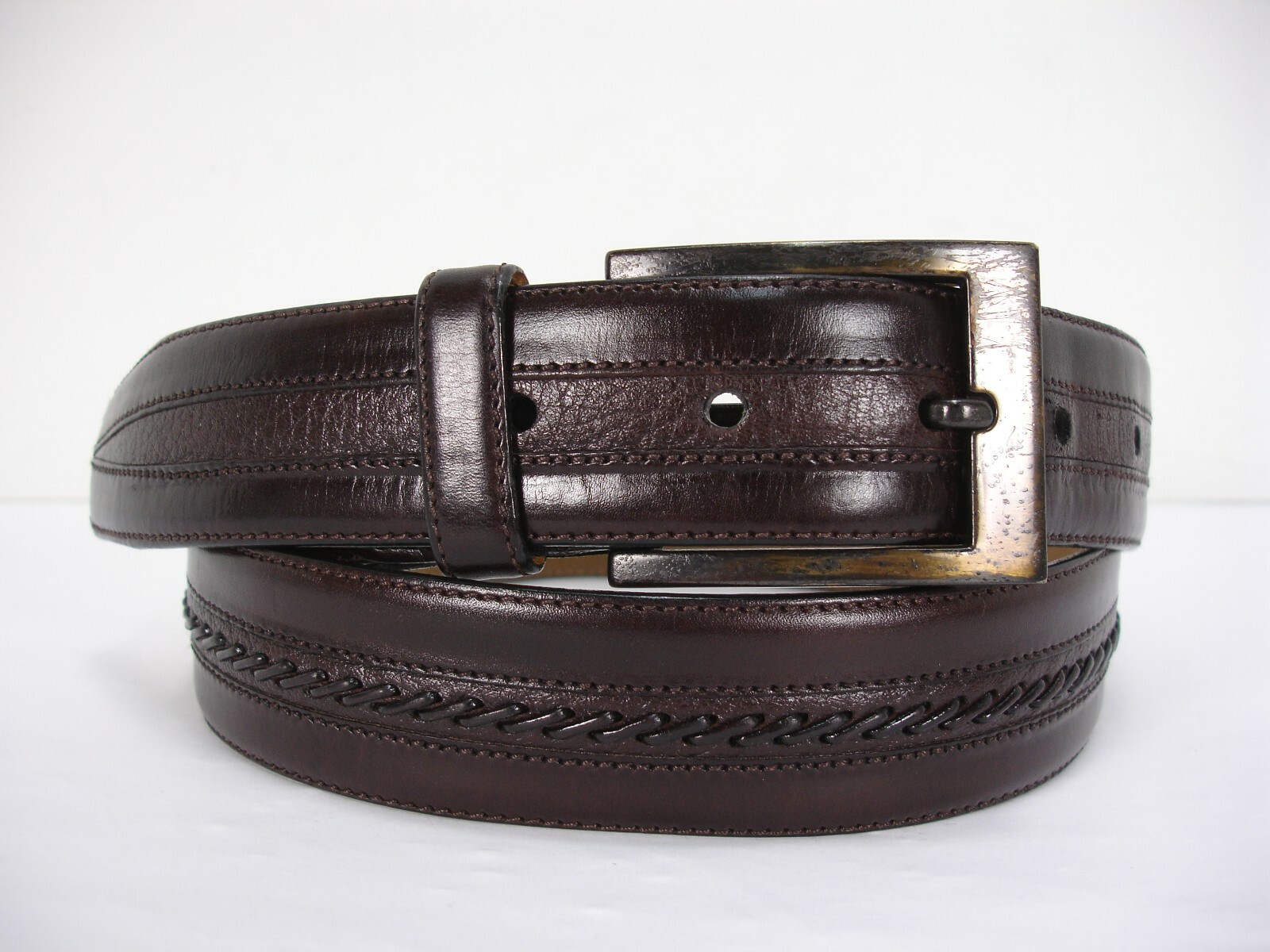 MEZLAN 4929 BROWN LEATHER STITCHES DESTAIL ANTIQUE BUCKLE BELT MEN’S 34