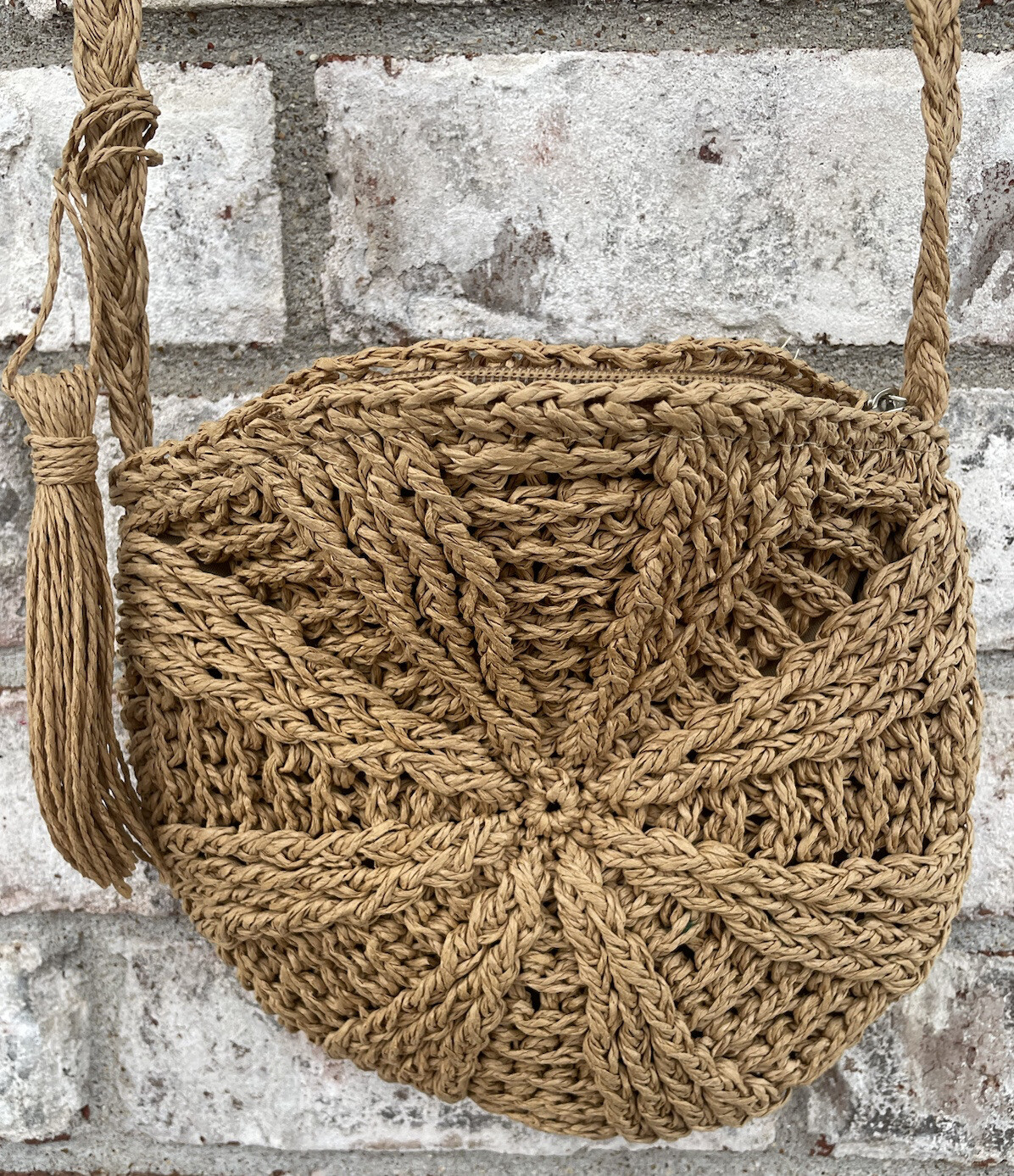 Woven Straw Purse Crossbody Zippered Long Strap Circular Boho