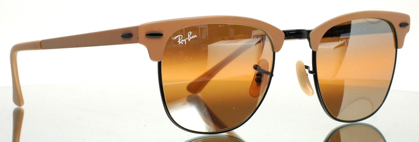 RAY BAN RB3716 9157/AG Clubmaster Metal Beige Black Mirror Sunglasses 51-21-145