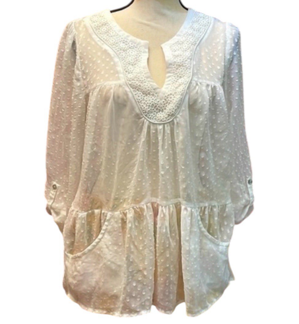 DANIEL RAINN Sheer White Blouse Roll Tab Sleeve MED Pockets Polka Dot Lace STAIN