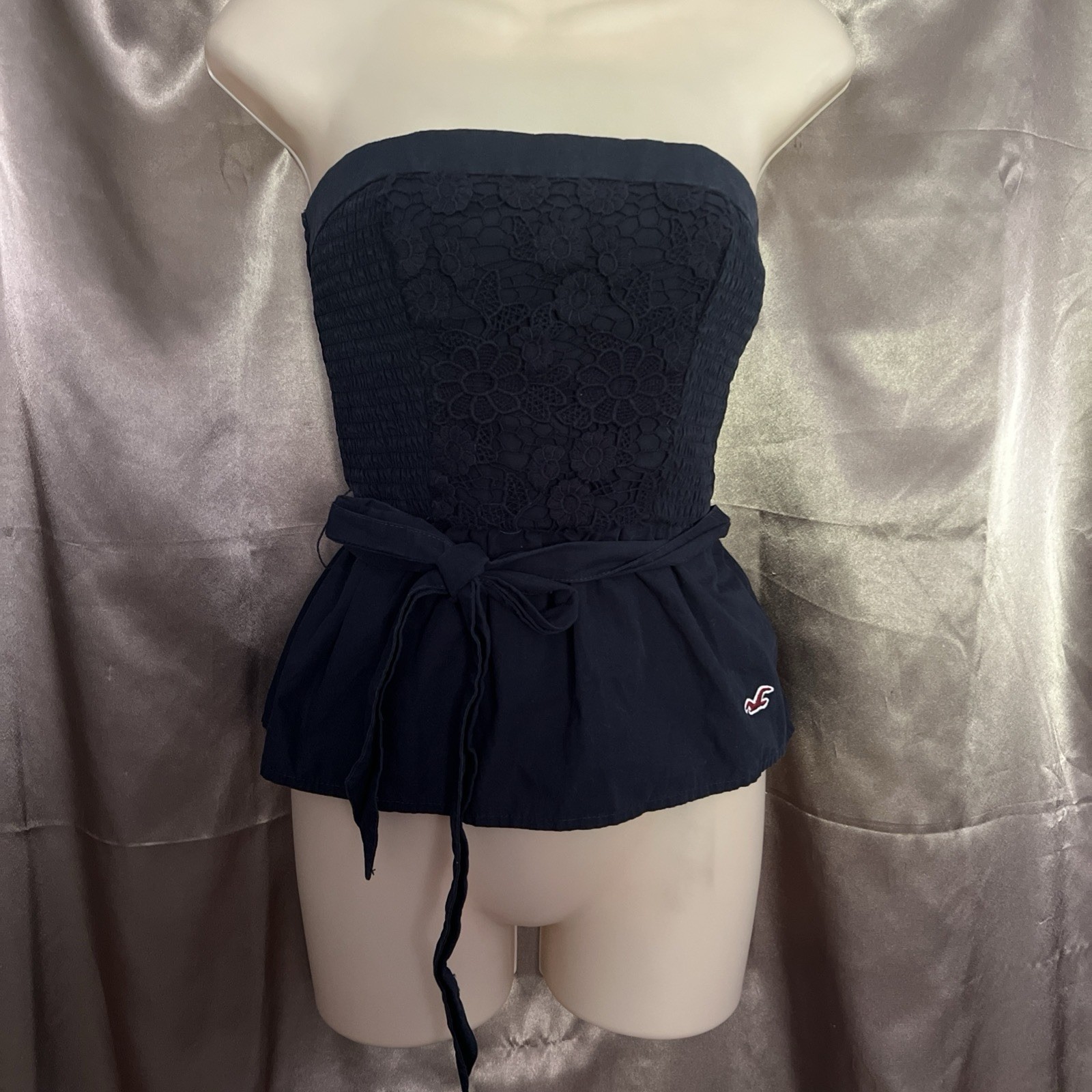 Hollister VTG Y2K 100% Cotton Navy Stretch Crochet Front Tube Top Sz S Vintage