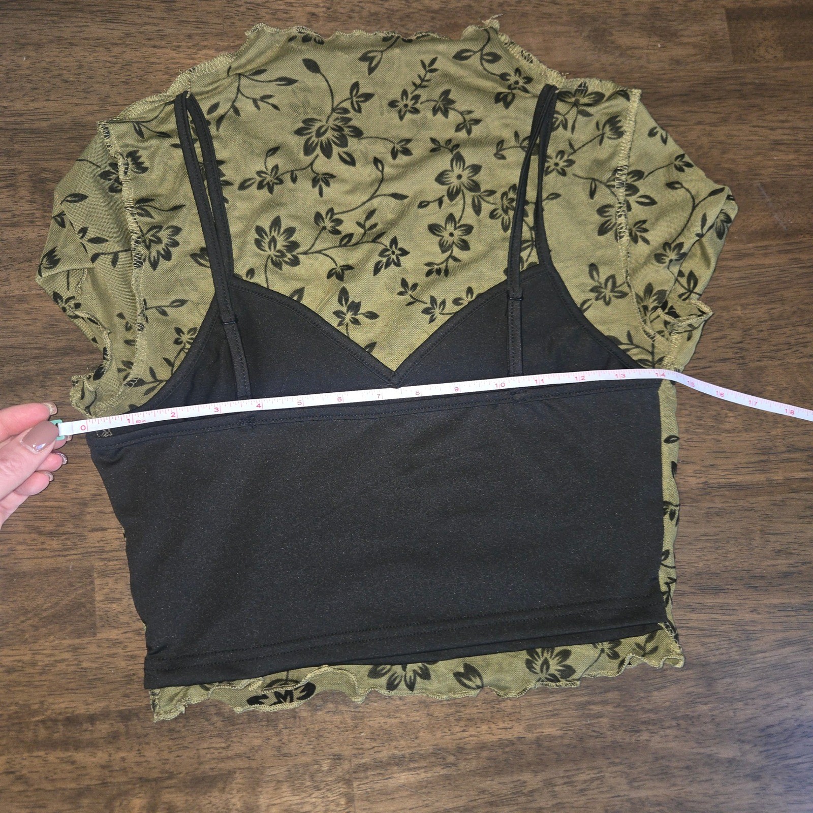 Olive Green Floral Mesh Mock Neck Top with Black Camisole Y2K Fairycore Grunge