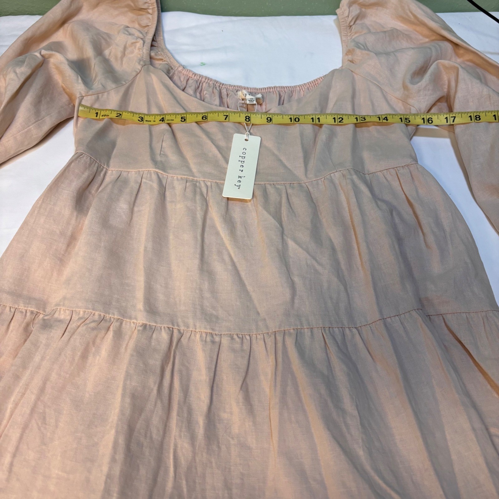 Copper Key NWT Tiered Mini Dress Medium Beige Puff Sleeve Cottagecore