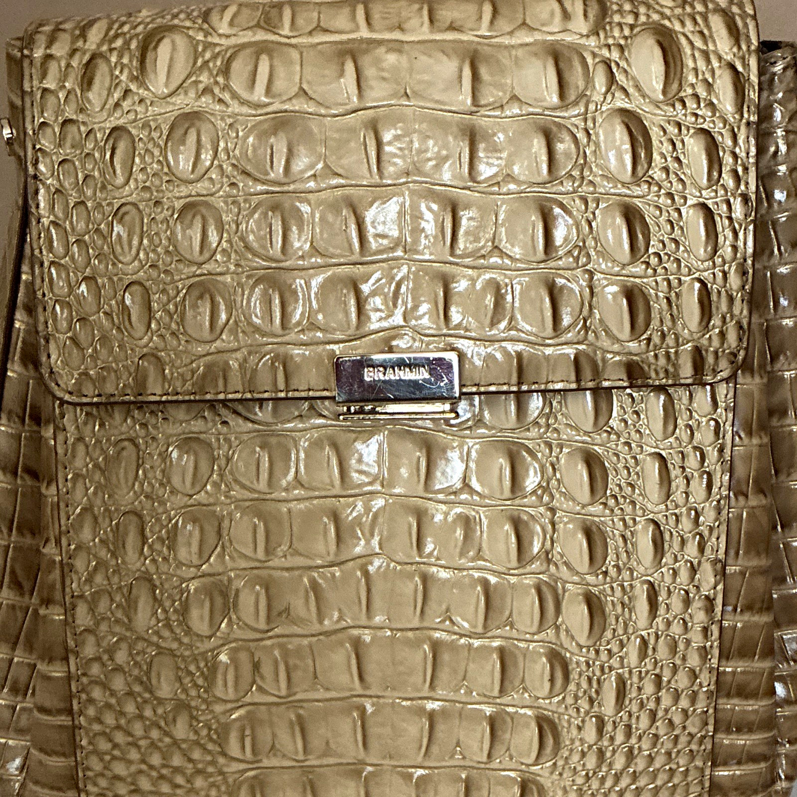 Brahmin Beige Croc-Embossed Backpack Purse Top Handle Buckle Gold Hardware