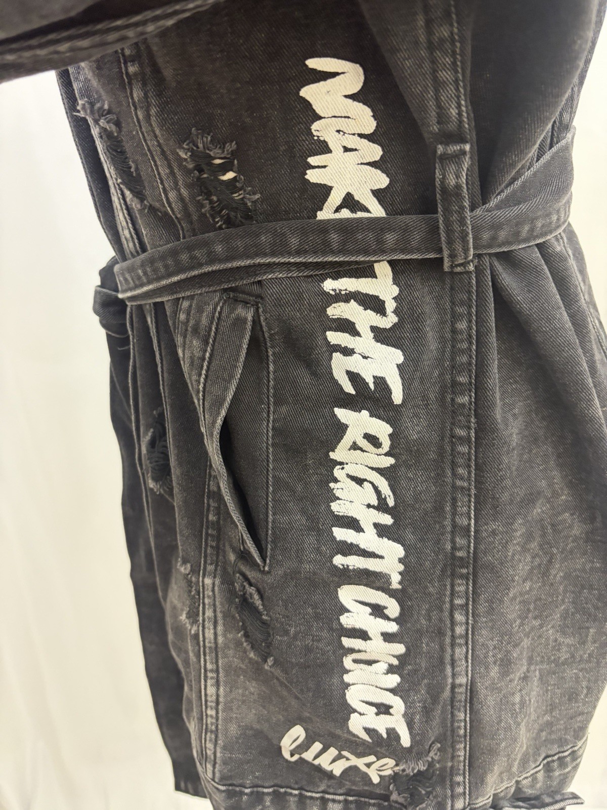 American Bazi Black Distressed Denim Jacket Dress Size M Belted Good Times