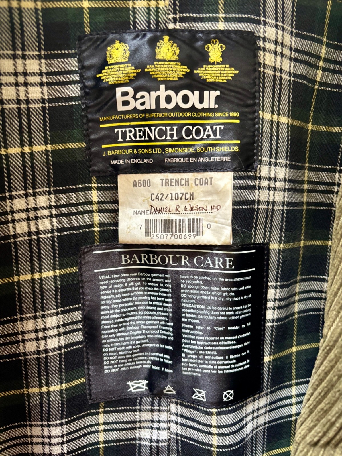 Limited Edition Vintage ’94 A600 Sage Barbour Trench Coat C42/107cm