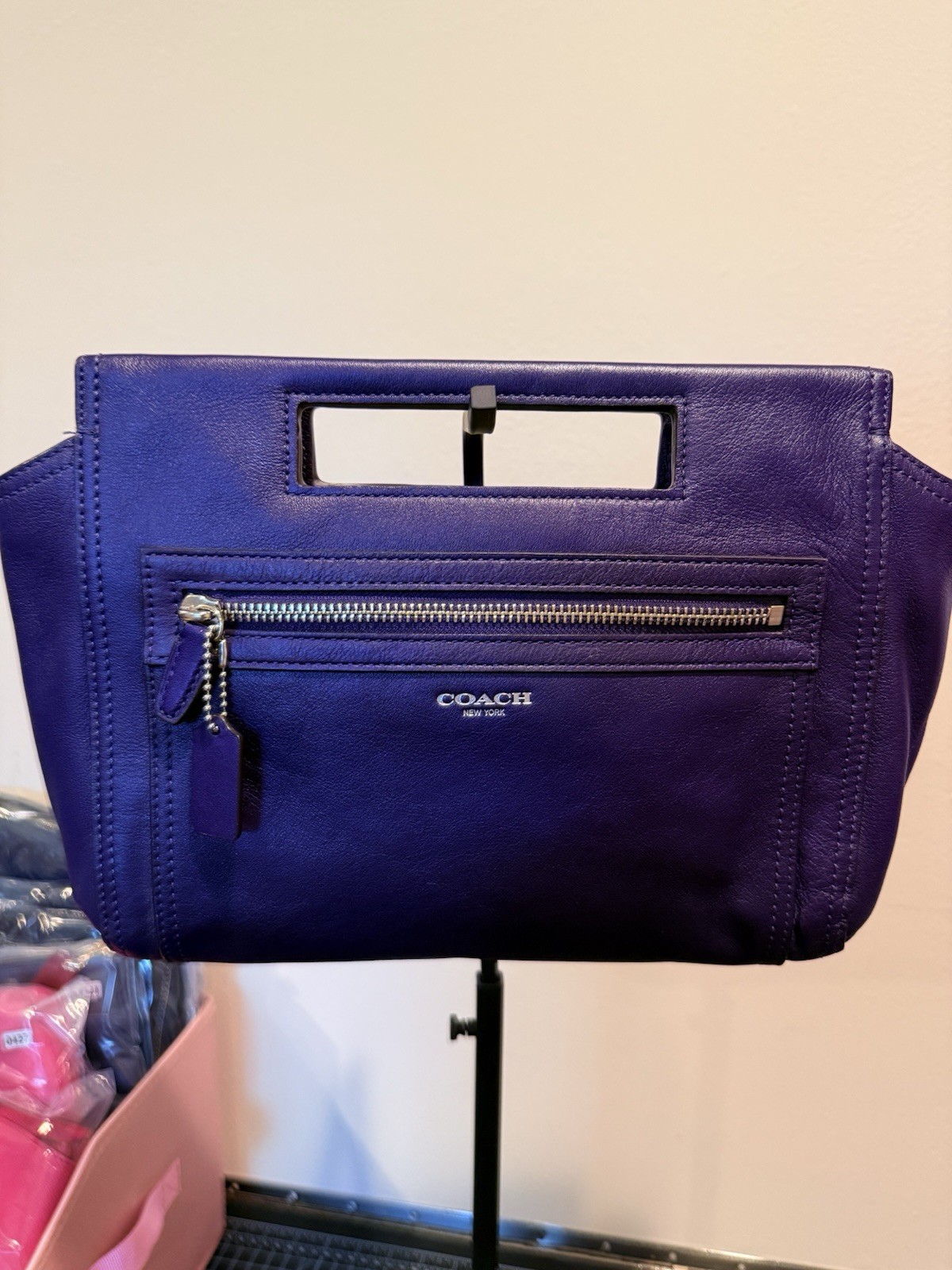 Coach Madison Purple Leather Sophia Clutch Cutout Handle Zip Pocket Evening Bag