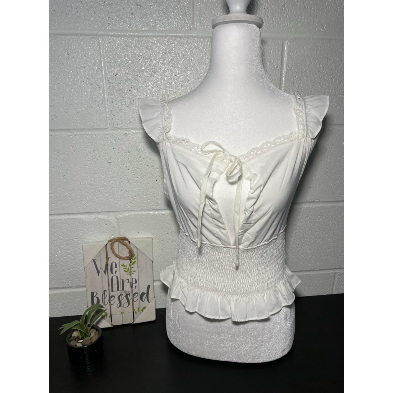 SHEIN Cream Ruffled Smocked Waist Tank Top