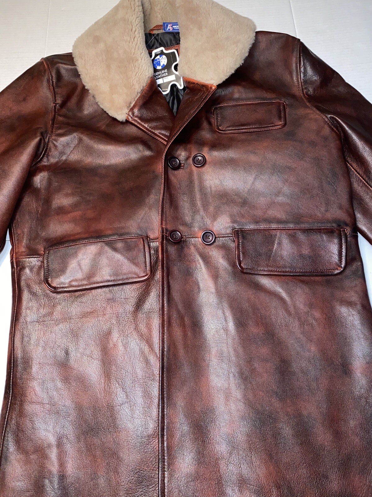 NWT America Suits Deep Red 100% Genuine Leather Trench Fleece Lined Jacket Large