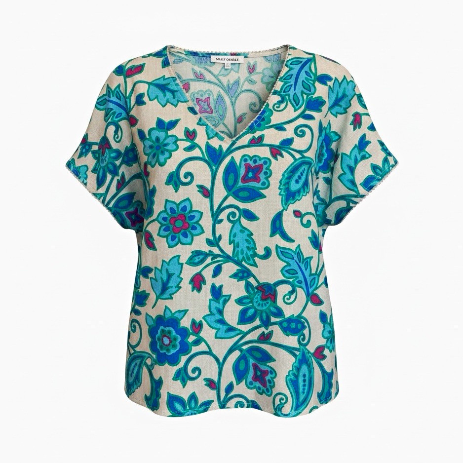 Emily Daniels XL Linen Blend Floral V Neck Blouse Boho Blue Green Pink Top