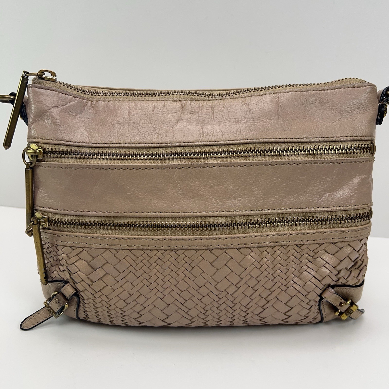 ELLIOTT LUCCA Messina Leather Crossbody Bag 3 Zip Basket Weave Purse Boho Nude