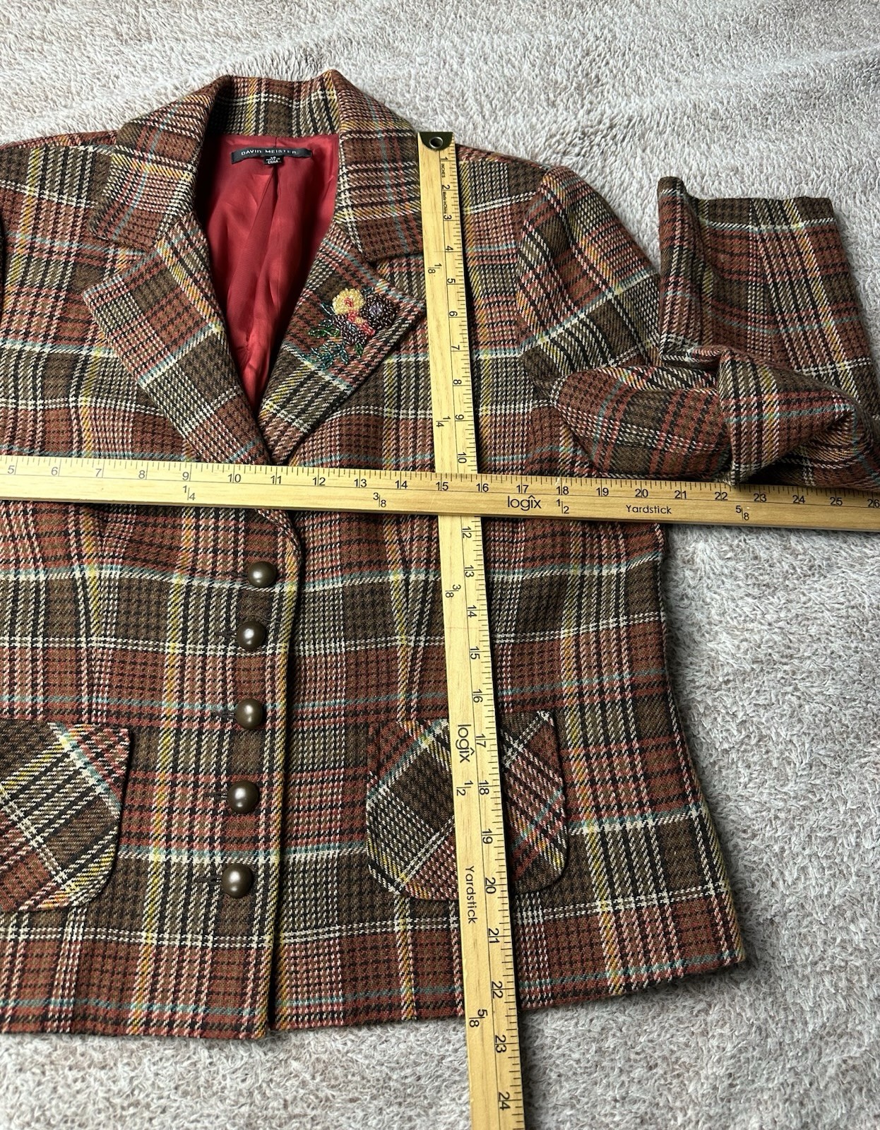 DAVID MEISTER Multi Color Acrylic Blend Plaid Beaded Motif Collar Jacket US 14