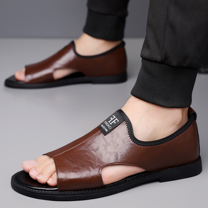 Men’s Open Toe Slip-On Sandals, PU Leather, Comfort Casual Summer Slide Shoes
