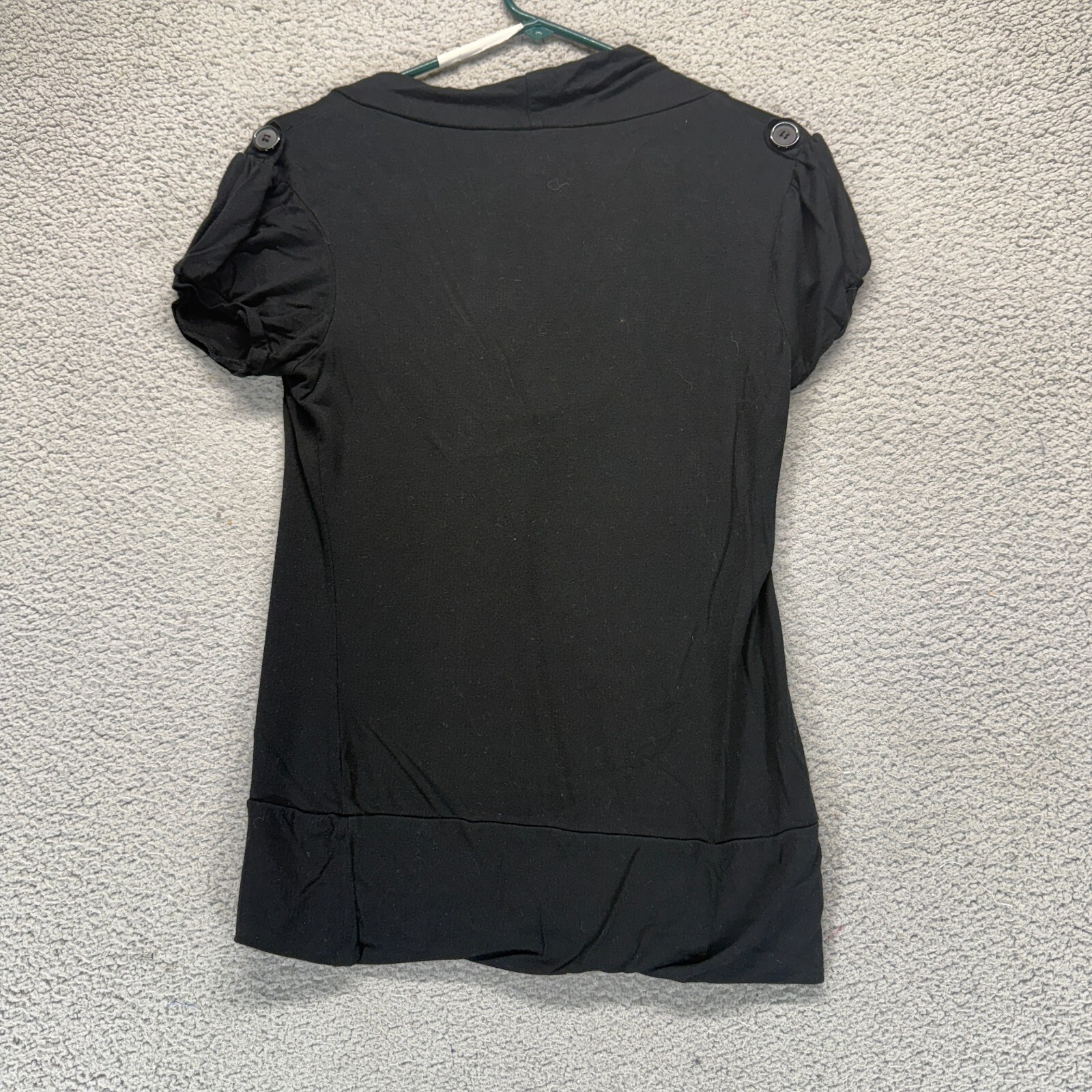 Anxiety Womens Top Black Stretch V-Neck Draped Short Sleeve Banded Hem Casual XL