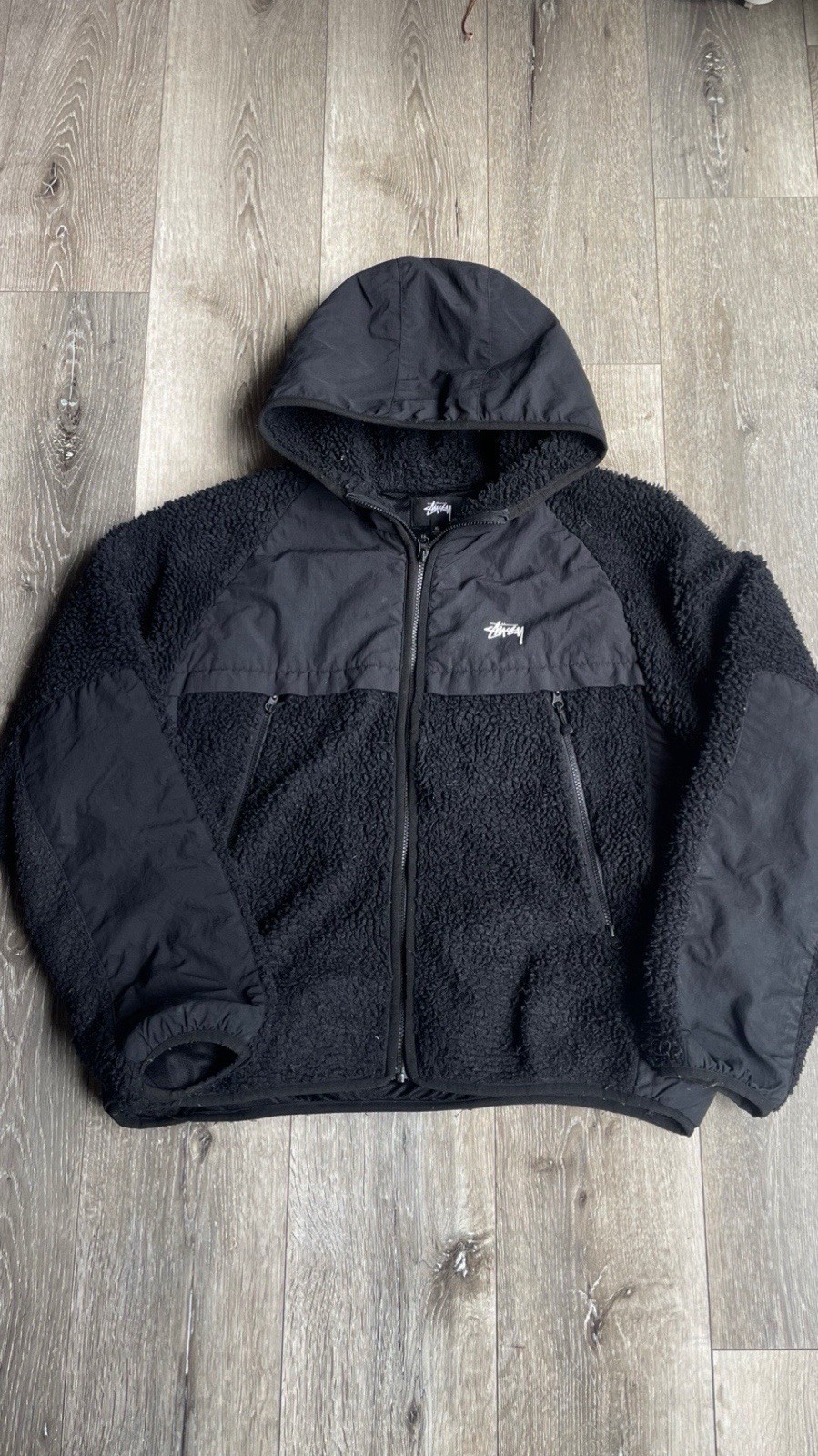 Stussy Vintage Wool Winter Coat Men’s Size XL Black Full Zip Hooded