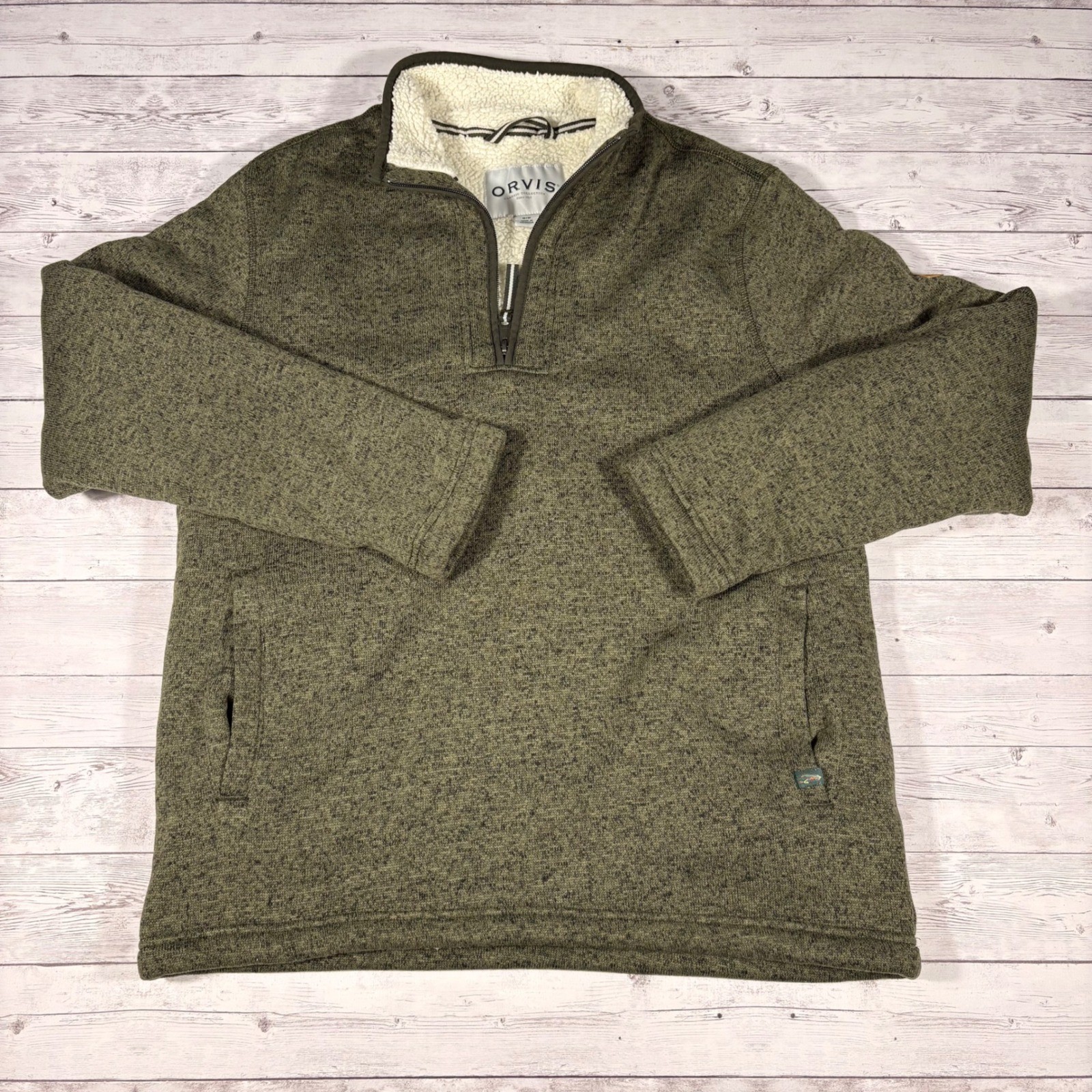 Orvis Mens Quarter Zip Sherpa Lined Sweater Pullover Olive Green Marl Medium