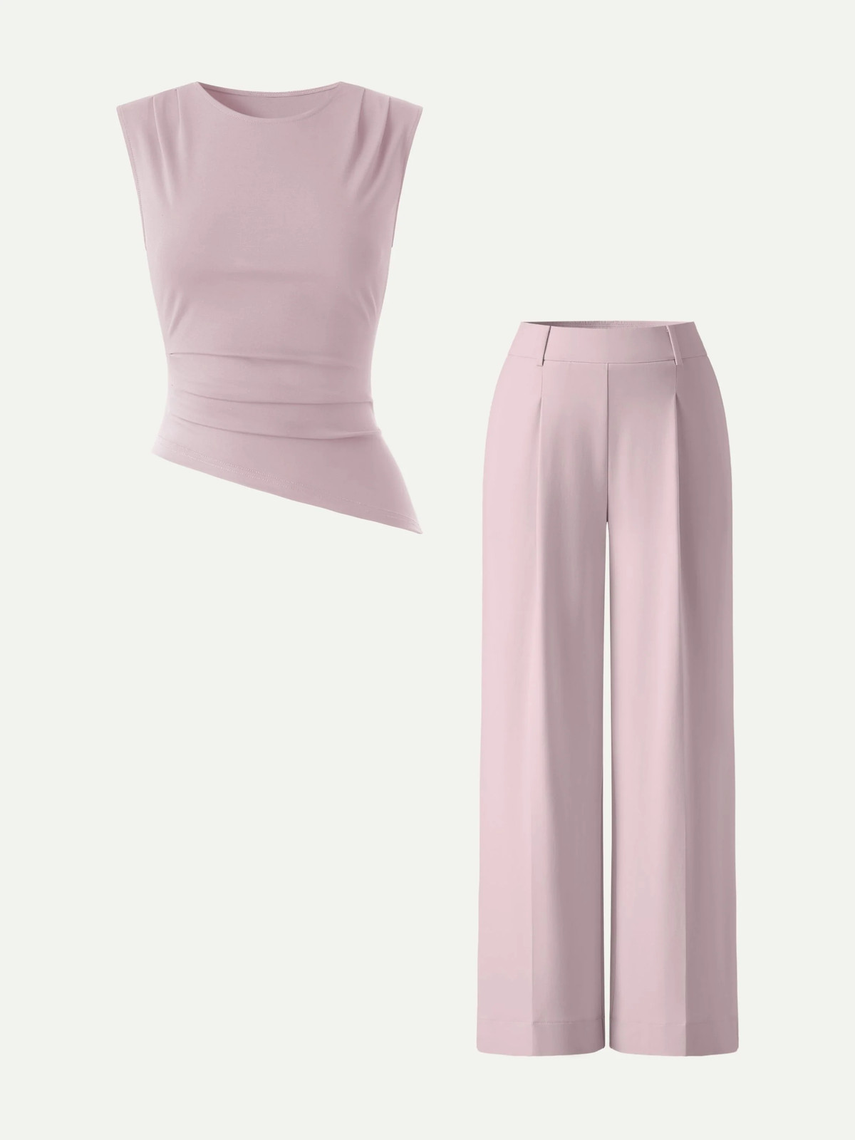 2Pcs Set Tucked Asymmetrical Hem Top & High Rise Wide Leg Pant