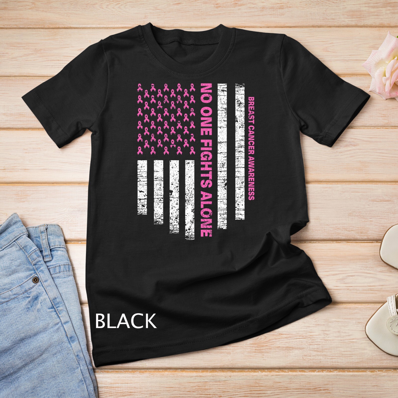 No One Fights Alone USA Flag Breast Cancer Awareness Unisex T-shirt