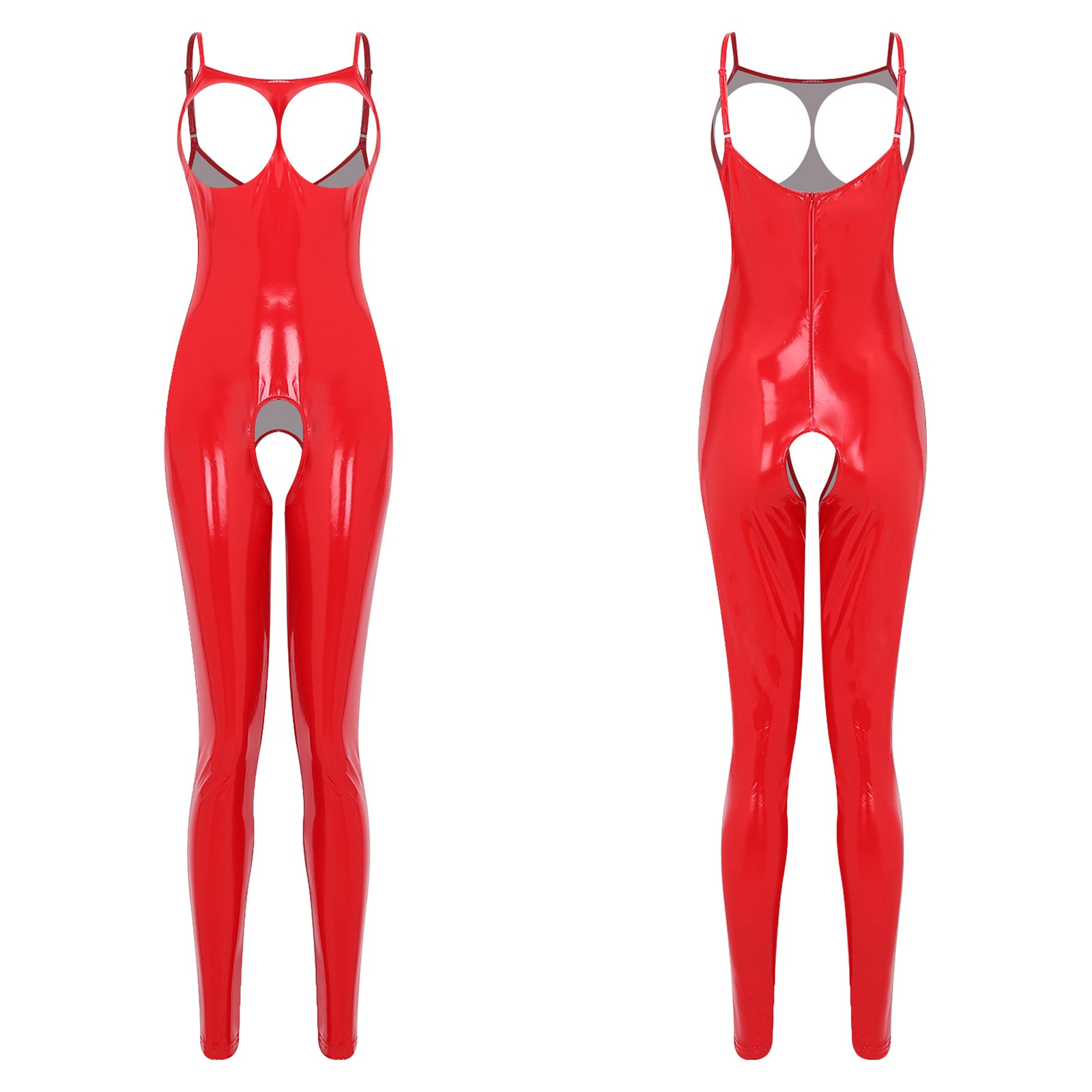 Women Patent Leather Hollow Out Bodysuit Sleeveless Open Bust Crotchless Catsuit