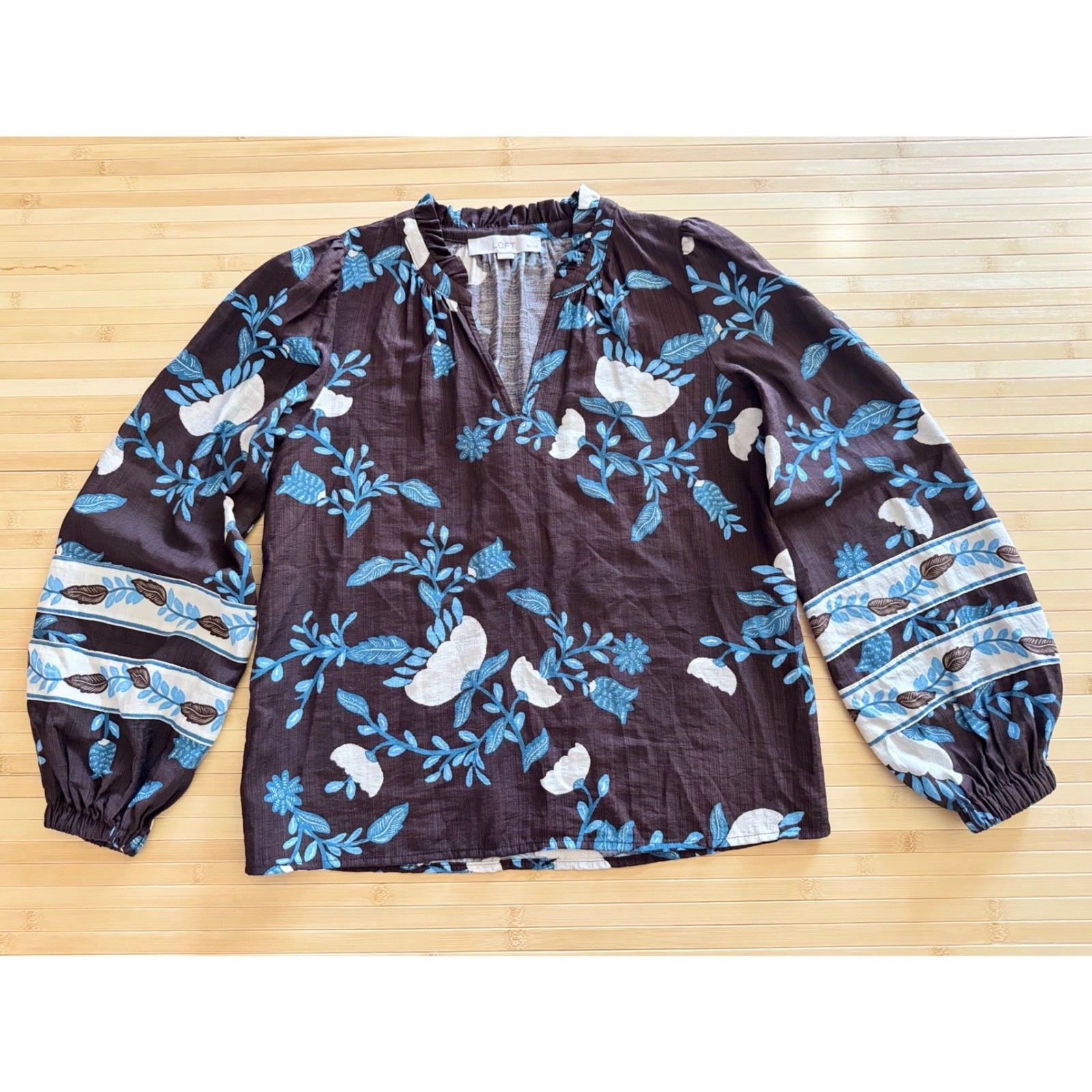Loft Petites Oversized Easy Fit Floral Top Brown Blue Ruffle Neck XXSP