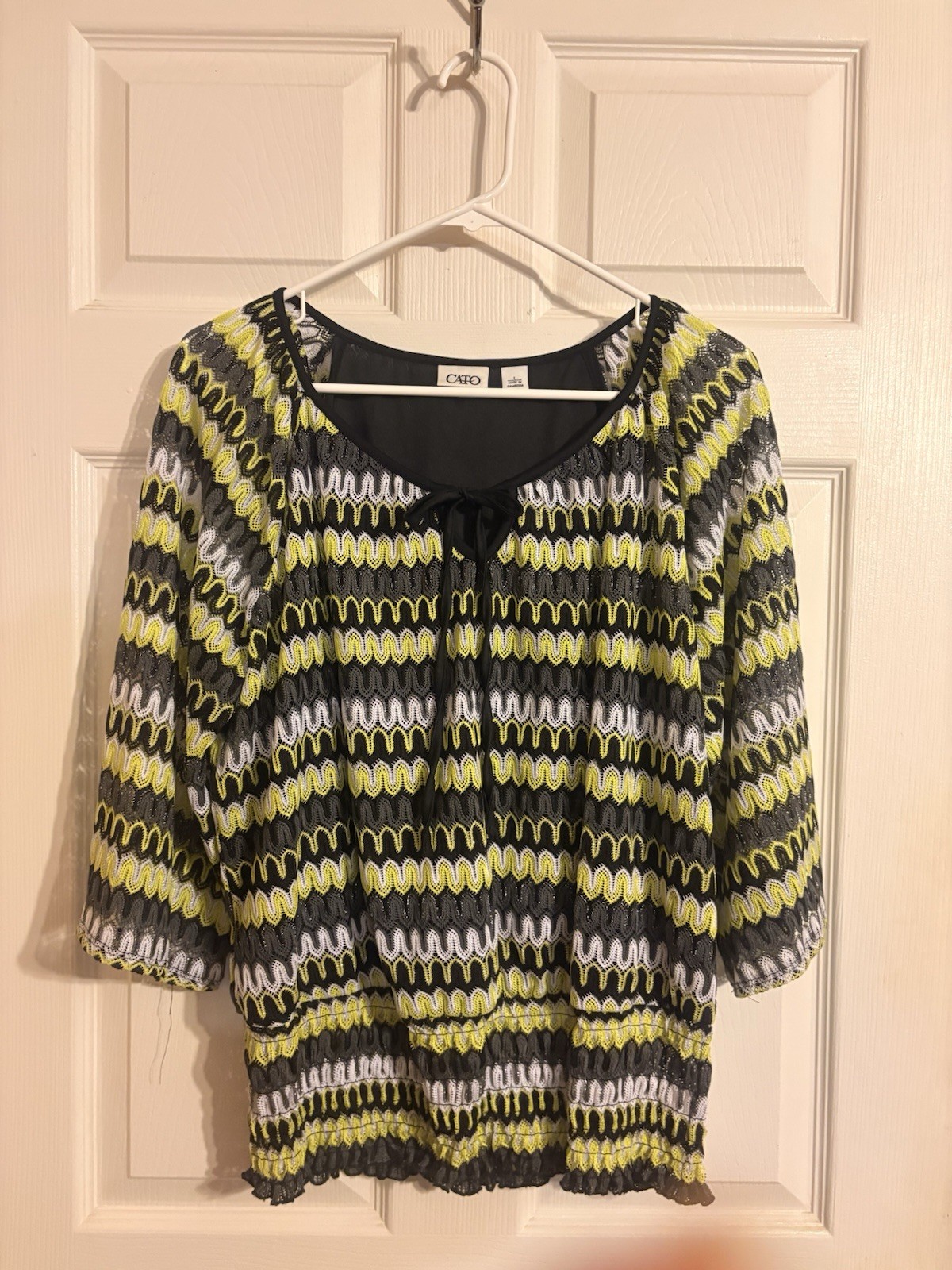 Cato Sheer Chiffon Striped Tie-Neck Blouse Womens L 3/4 Sleeve Black Yellow
