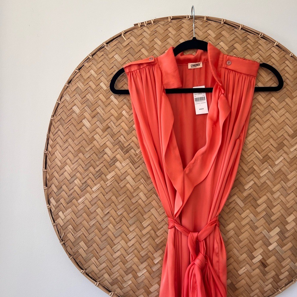 L’AGENCE STUNNING TANGERINE V-NECK FLOWY TIE FRONT MINI DRESS NWT COCKTAIL