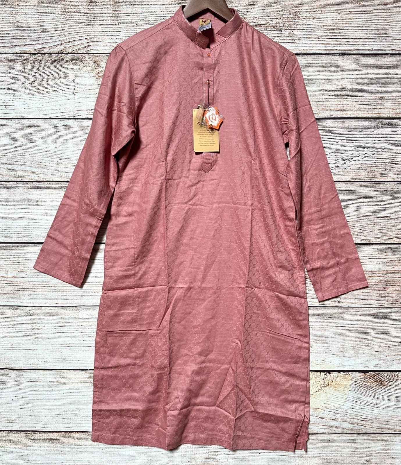 Manyavar Men’s Kurta Size M 95cm Dusty Pink Jacquard Silk Blend Long Sleeve NWT