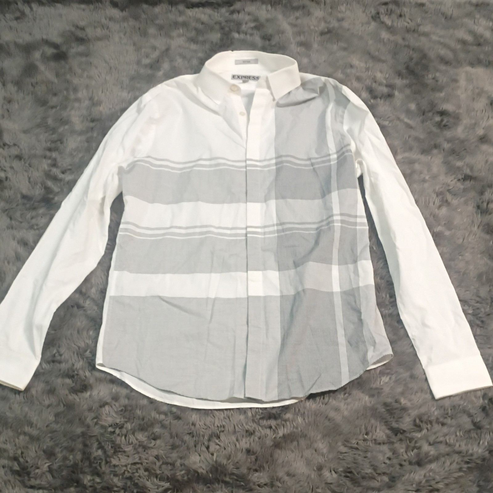 Express Fitted Cotton Dress Shirt 15-15 1/2 32/33 White Gray Striped