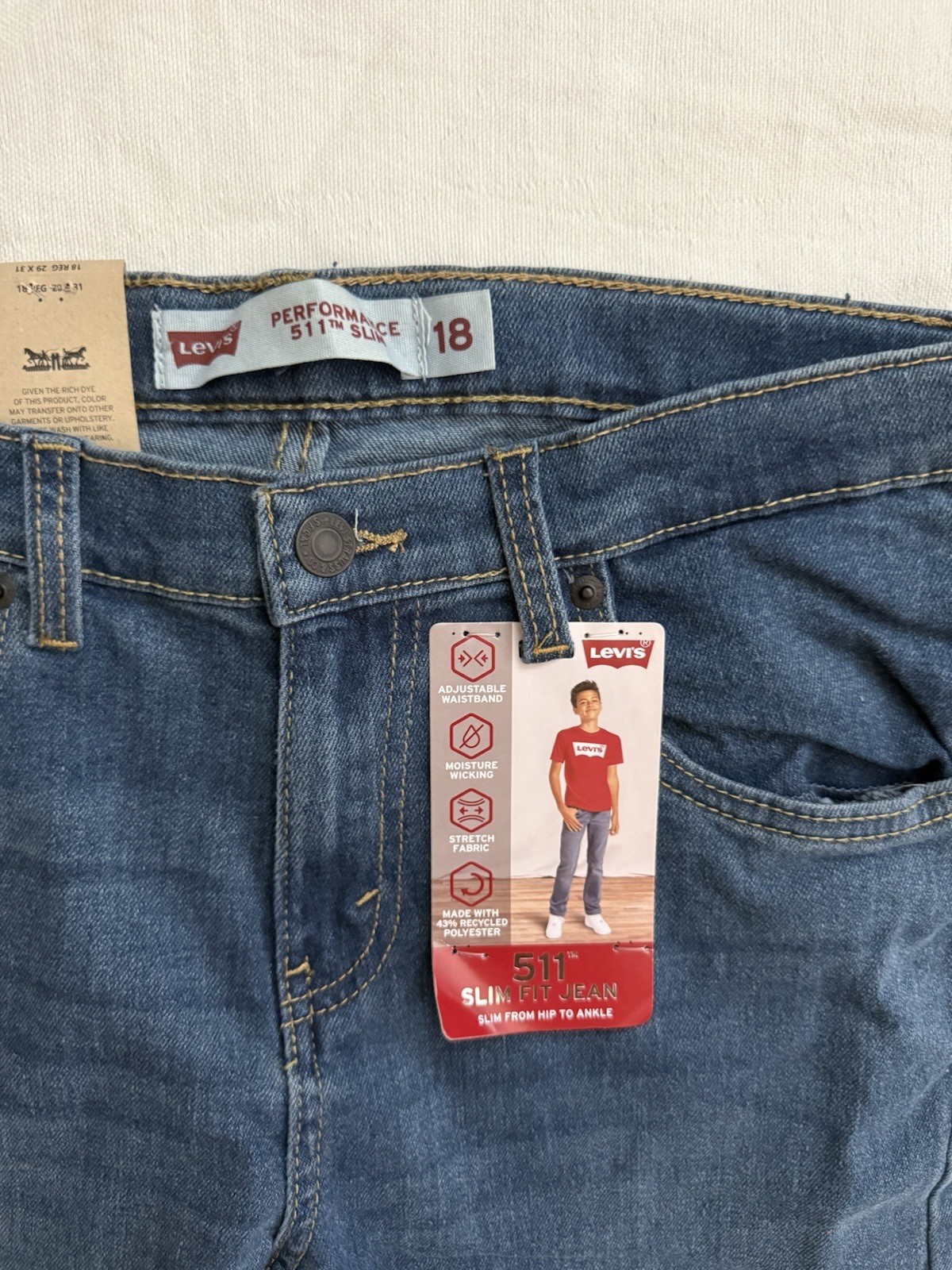 NEW Levis Boys Jeans Performance 511 Slim Fit Size 18 Reg 29X31 Adjustable Waist