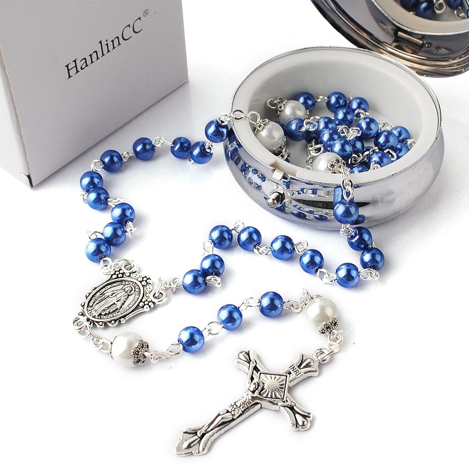 HanlinCC 6mm Glass 53cm (20.8 inches), Blue Rosary with Miraculous Gift Box
