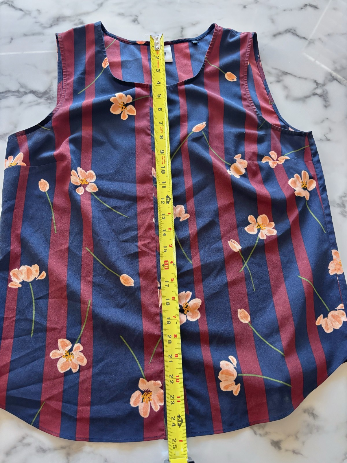 CAbi Navy Burgundy Stripe Floral Sleeveless Button Front Blouse Size M