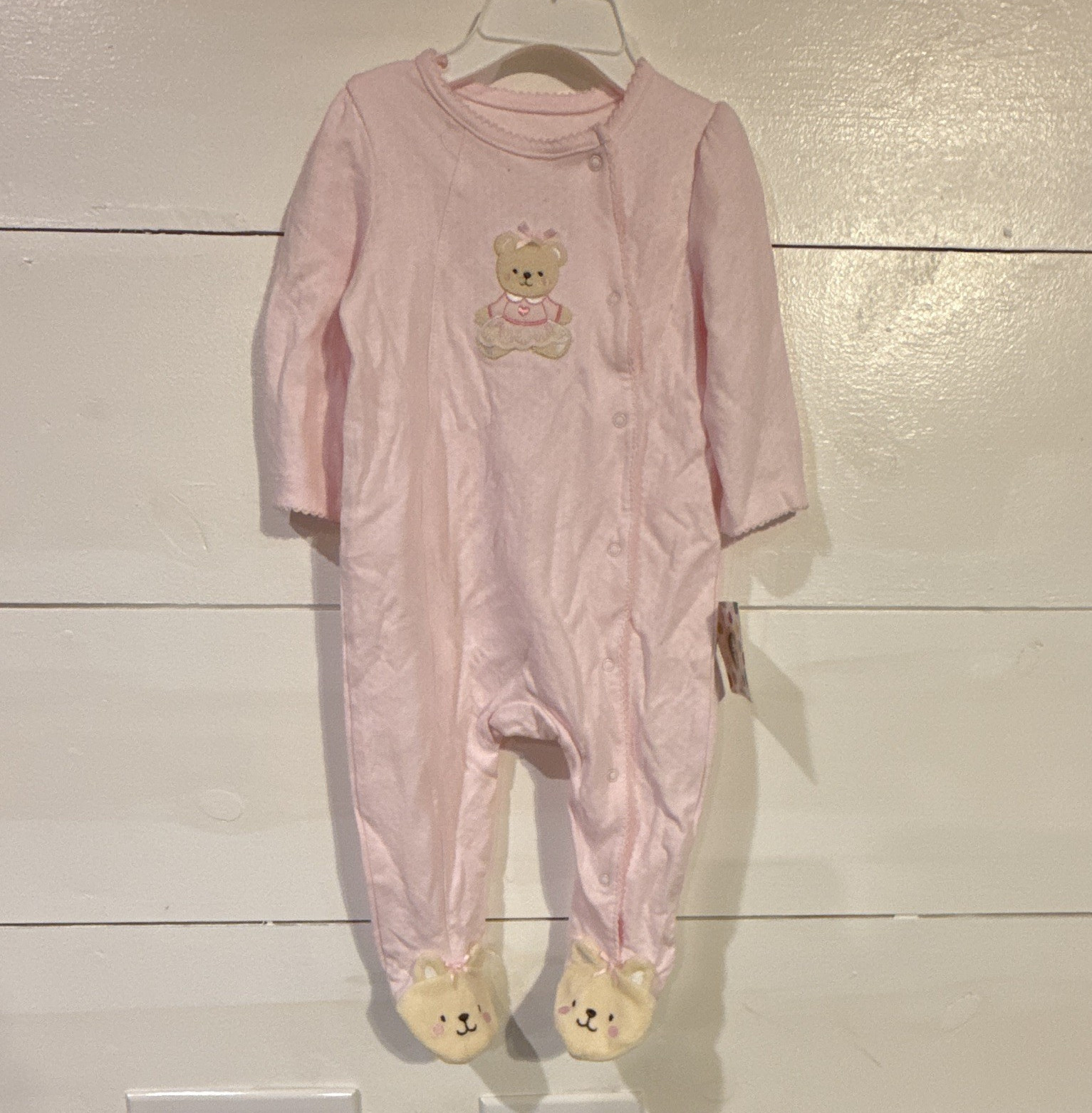 Little Me Girls 6 Months Pink Bear Footed Sleeper Cotton Knit Bow Embroidered