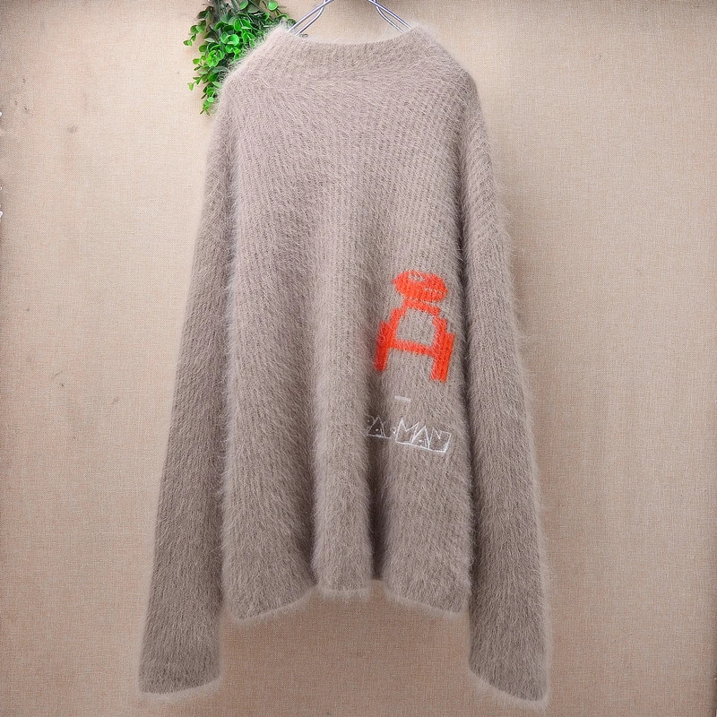 Women Camel Hairy Angora Rabbit Hair Knitted O-Neck Loose Sweater Jumper Pull