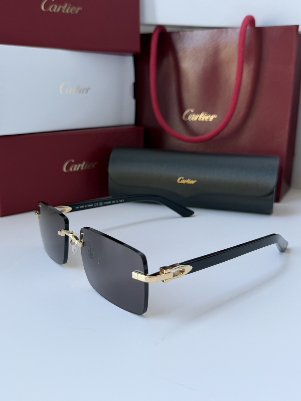 CARTIER CT0579S 005 Gold Black Dark Grey Lens Rectangular Sunglasses AUTHENTIC